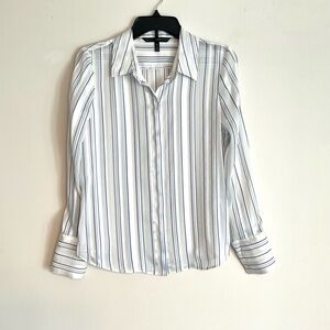 White House Black Market Satin Stripe Long Sleeve Blouse~XS~White & Blue~NWOT